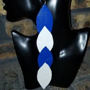 Handcrafted blue and white Long Painted Leather Earrings